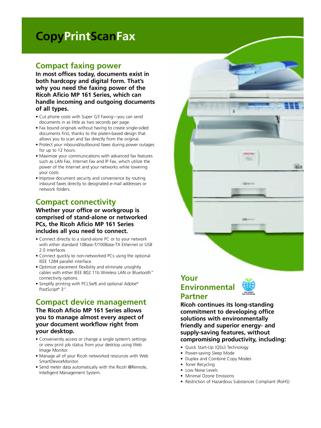 Ricoh MP 161SPF, MP 161F manual CopyPrintScanFax, Compact faxing power, Compact connectivity, Compact device management 