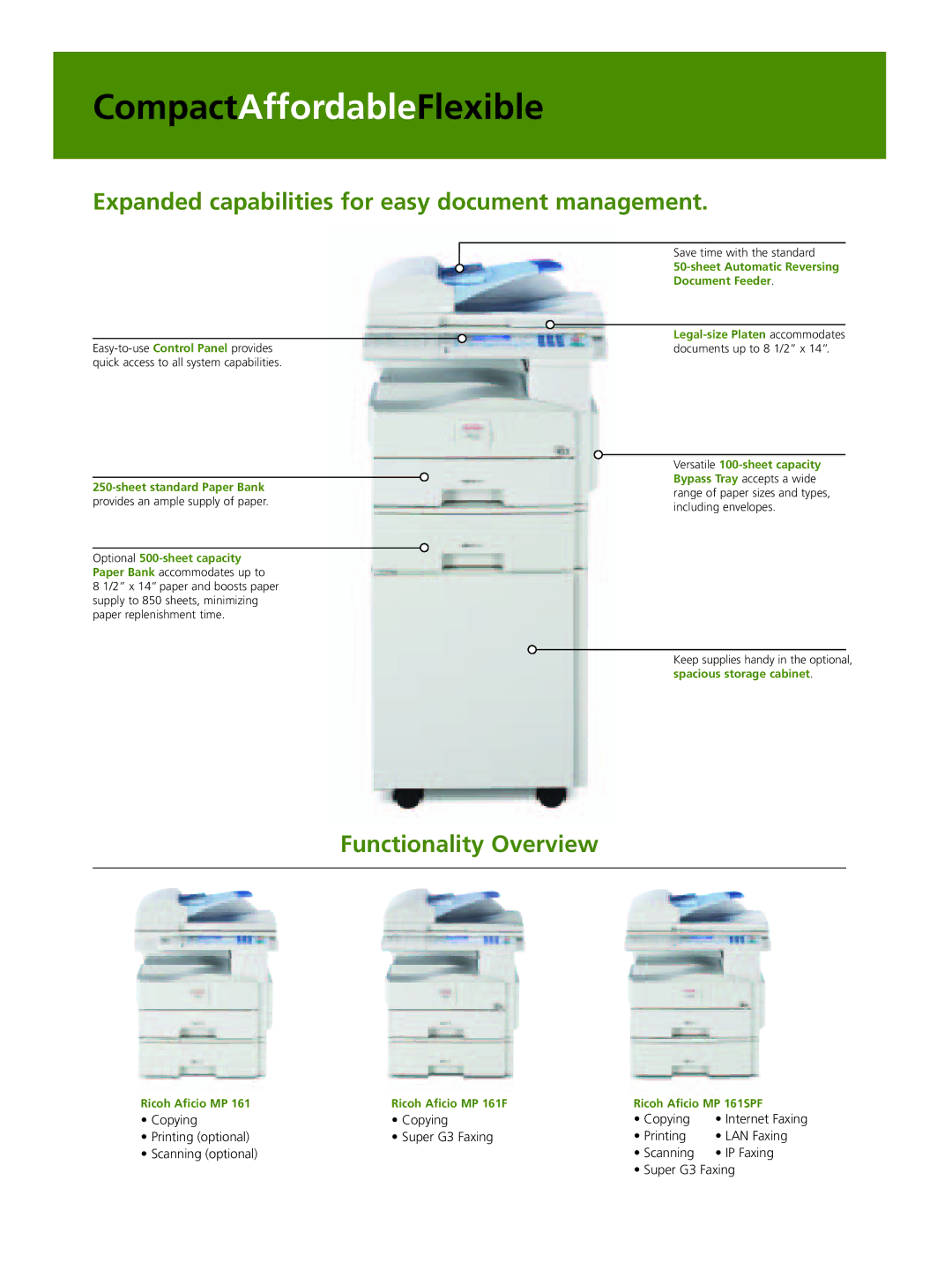 Ricoh MP 161F, MP 161SPF manual Expanded capabilities for easy document management, Functionality Overview 