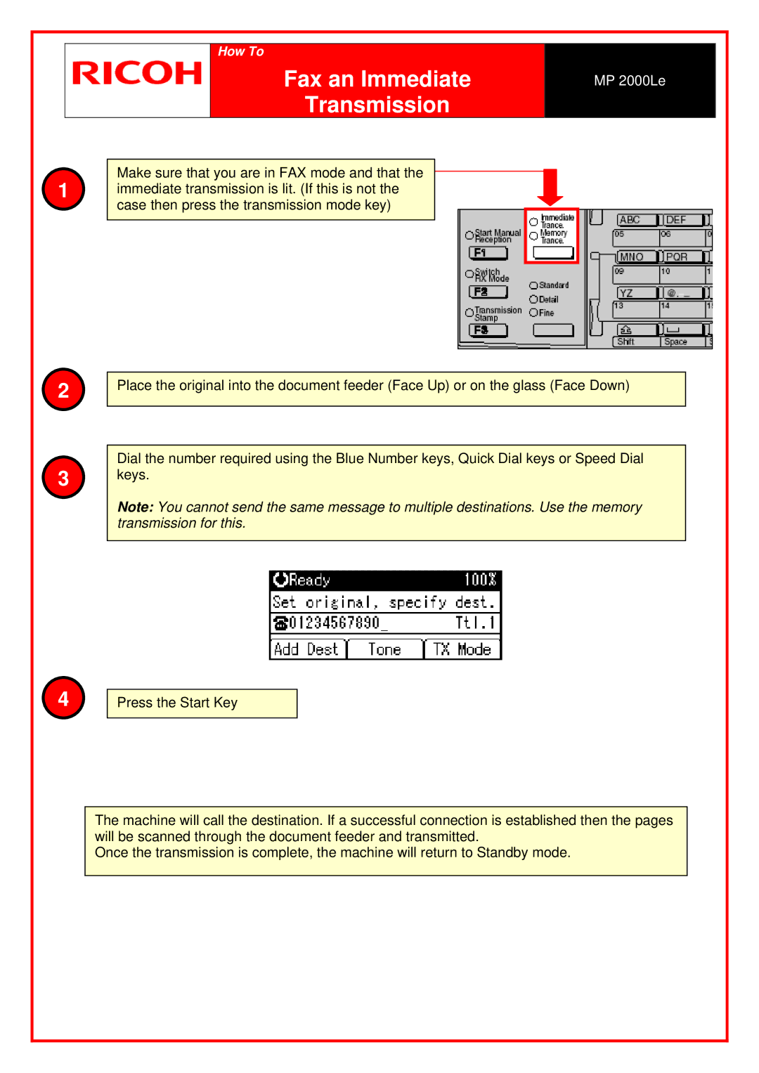 Ricoh MP 2000LE manual Fax an Immediate Transmission 