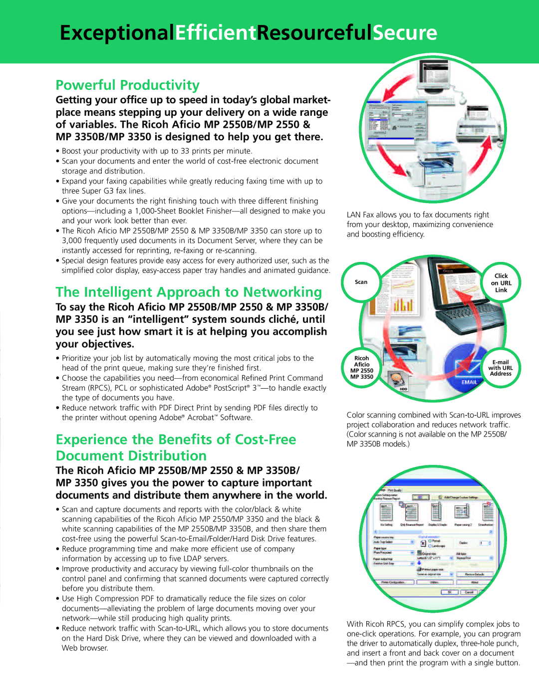 Ricoh MP 3350B manual ExceptionalEfficientResourcefulSecure, Powerful Productivity, Intelligent Approach to Networking 