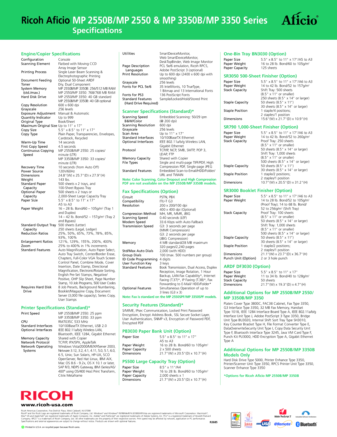 Ricoh MP 2550, MP 3350B Engine/Copier Specifications, Printer Specifications Standard, Scanner Specifications Standard 