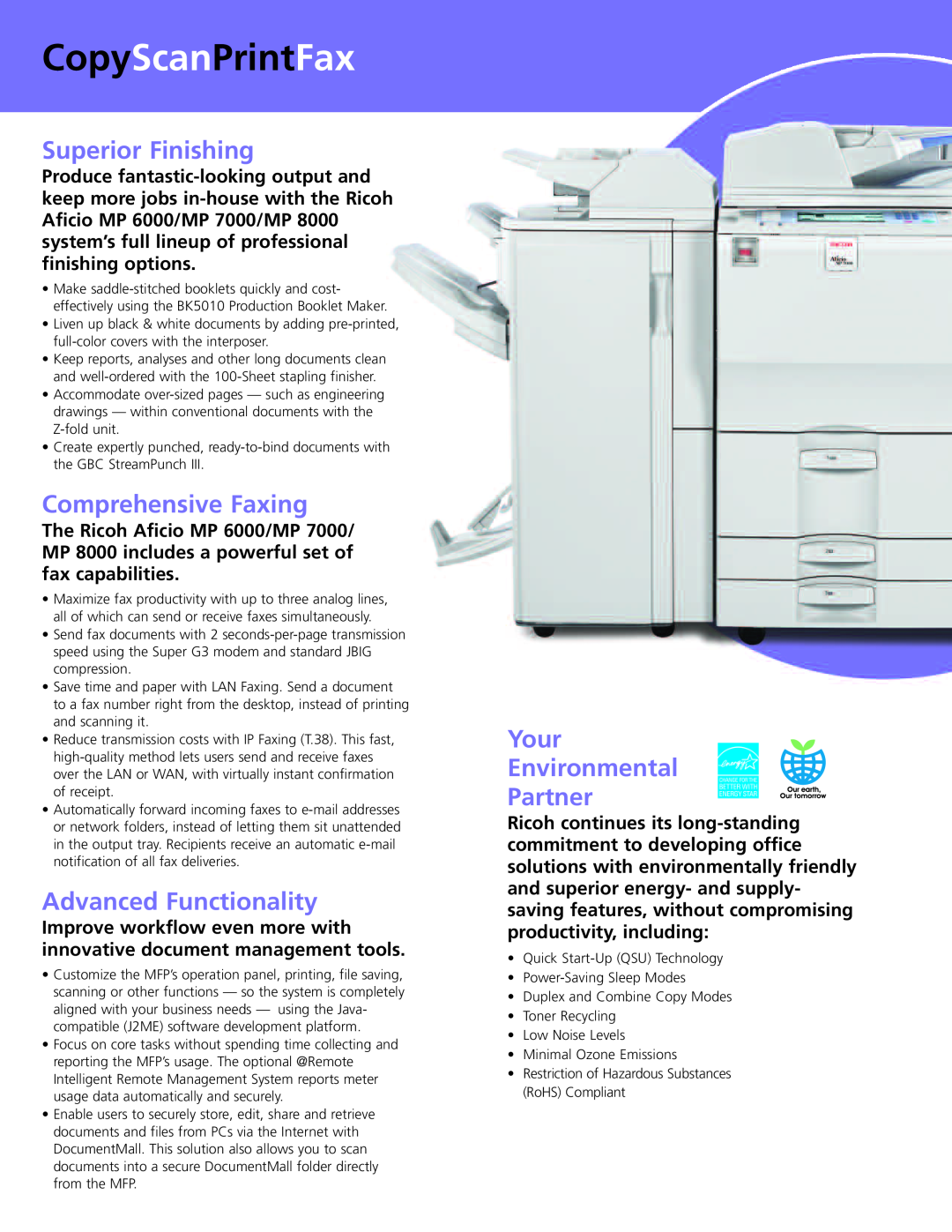 Ricoh MP 8000, MP 7000 manual Superior Finishing, Comprehensive Faxing, Advanced Functionality, Your Environmental Partner 