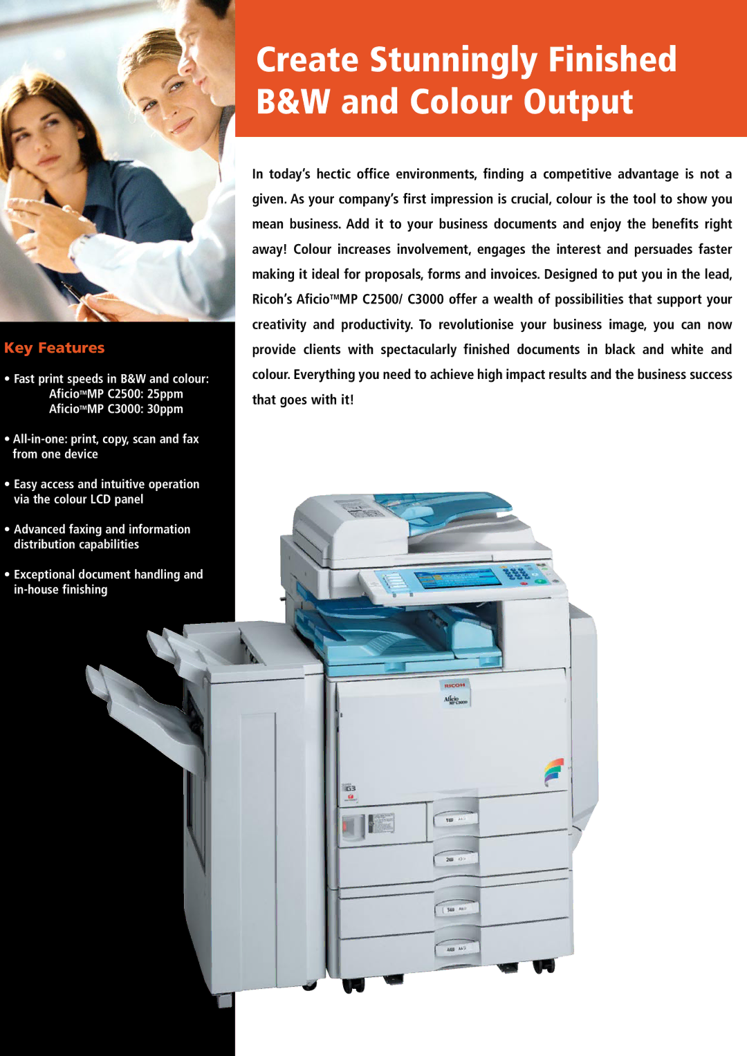 Ricoh MP C2500, MP C3000 manual Key Features, All-in-one print, copy, scan and fax from one device 