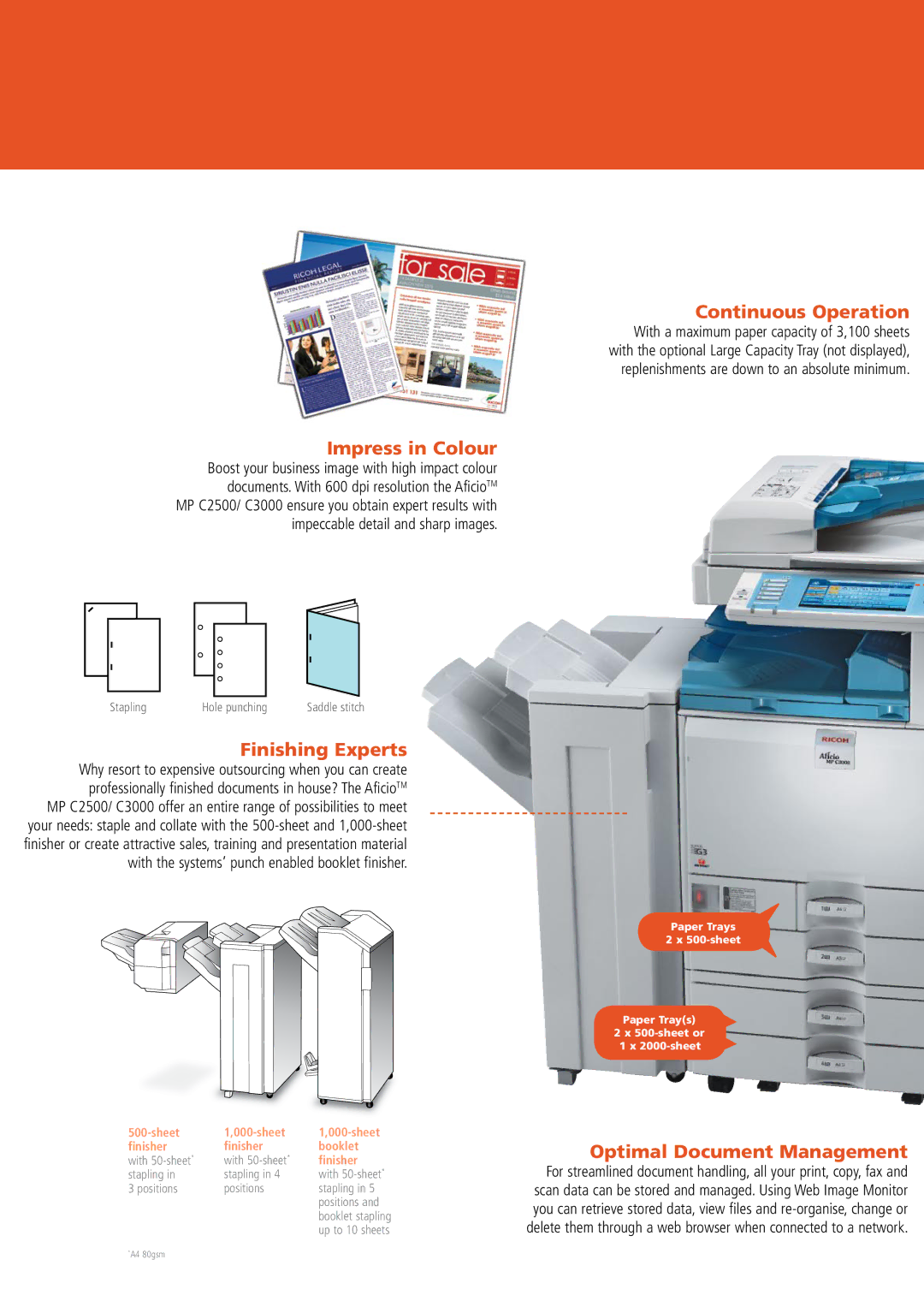 Ricoh MP C3000, MP C2500 manual Continuous Operation, Impress in Colour, Finishing Experts, Optimal Document Management 