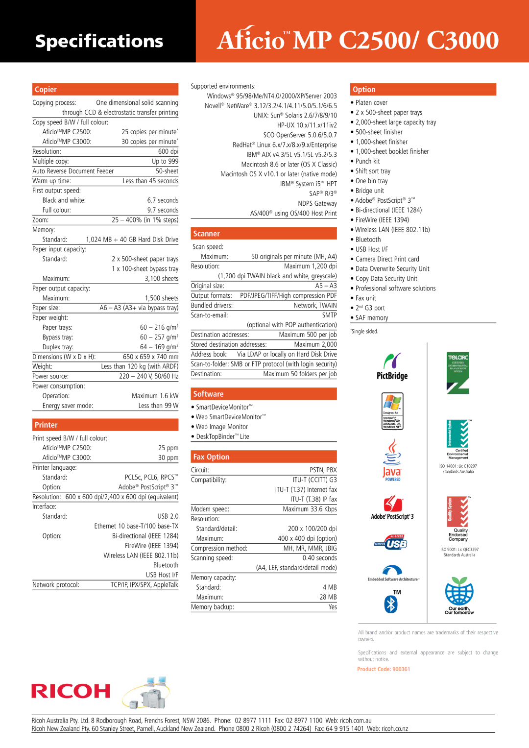 Ricoh MP C3000, MP C2500 manual Specifications 