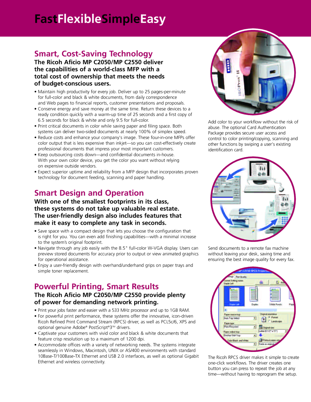 Ricoh MP C2050, MP C2550 manual FastFlexibleSimpleEasy, Smart, Cost-Saving Technology, Smart Design and Operation 