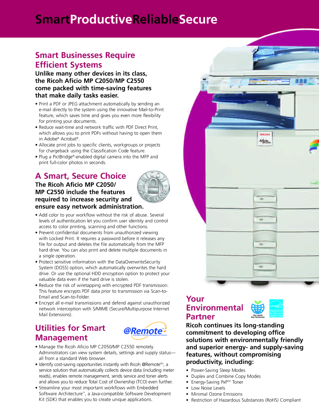 Ricoh MP C2050, MP C2550 SmartProductiveReliableSecure, Smart Businesses Require Efficient Systems, Smart, Secure Choice 