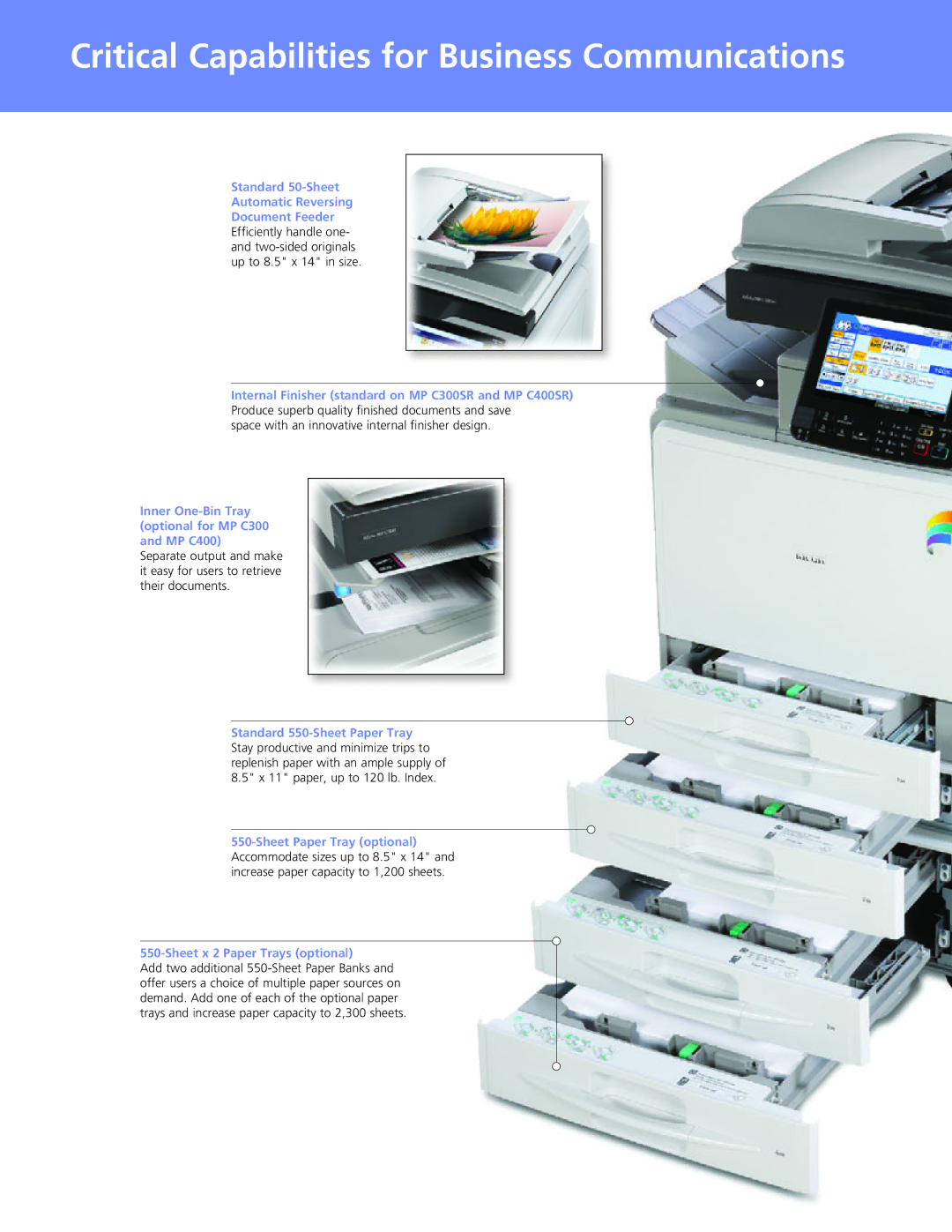 Ricoh MP C300SR, MP C400SR manual Inner One-Bin Tray optional for MP C300 and MP C400, Sheet x 2 Paper Trays optional 