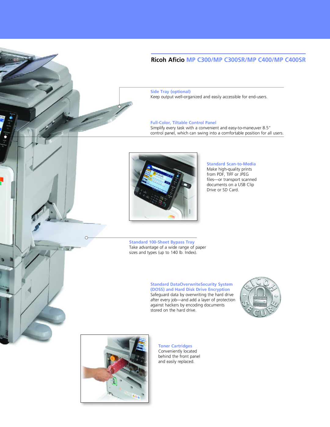 Ricoh MP C300SR, MP C400SR manual Side Tray optional, Full-Color, Tiltable Control Panel, Standard 100-Sheet Bypass Tray 