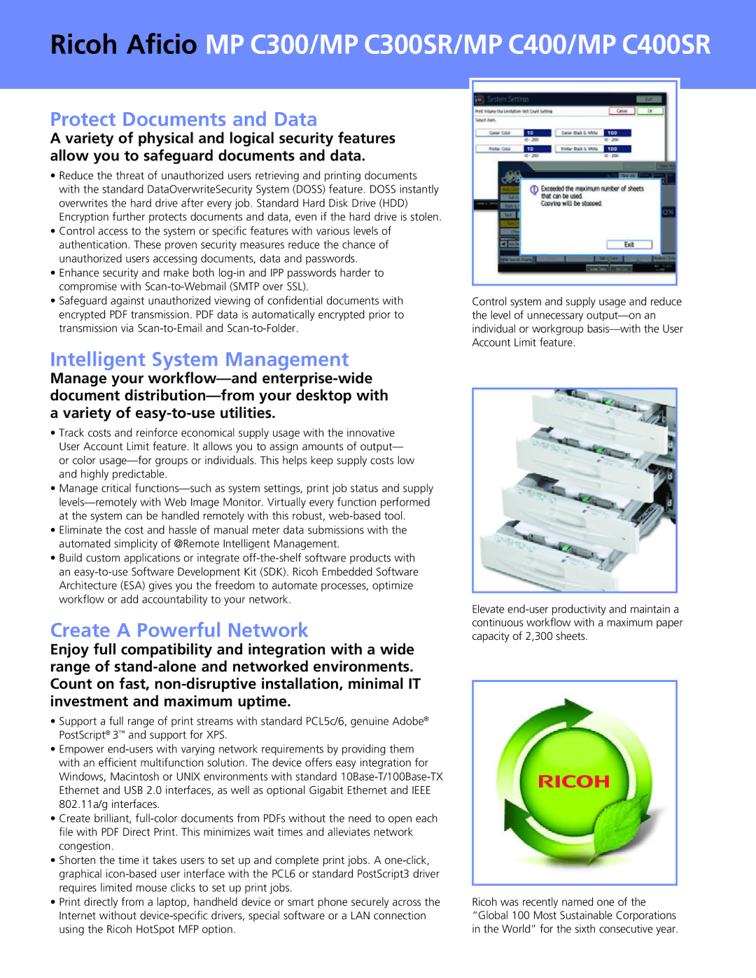 Ricoh MP C300SR, MP C400SR manual Protect Documents and Data, Intelligent System Management, Create a Powerful Network 