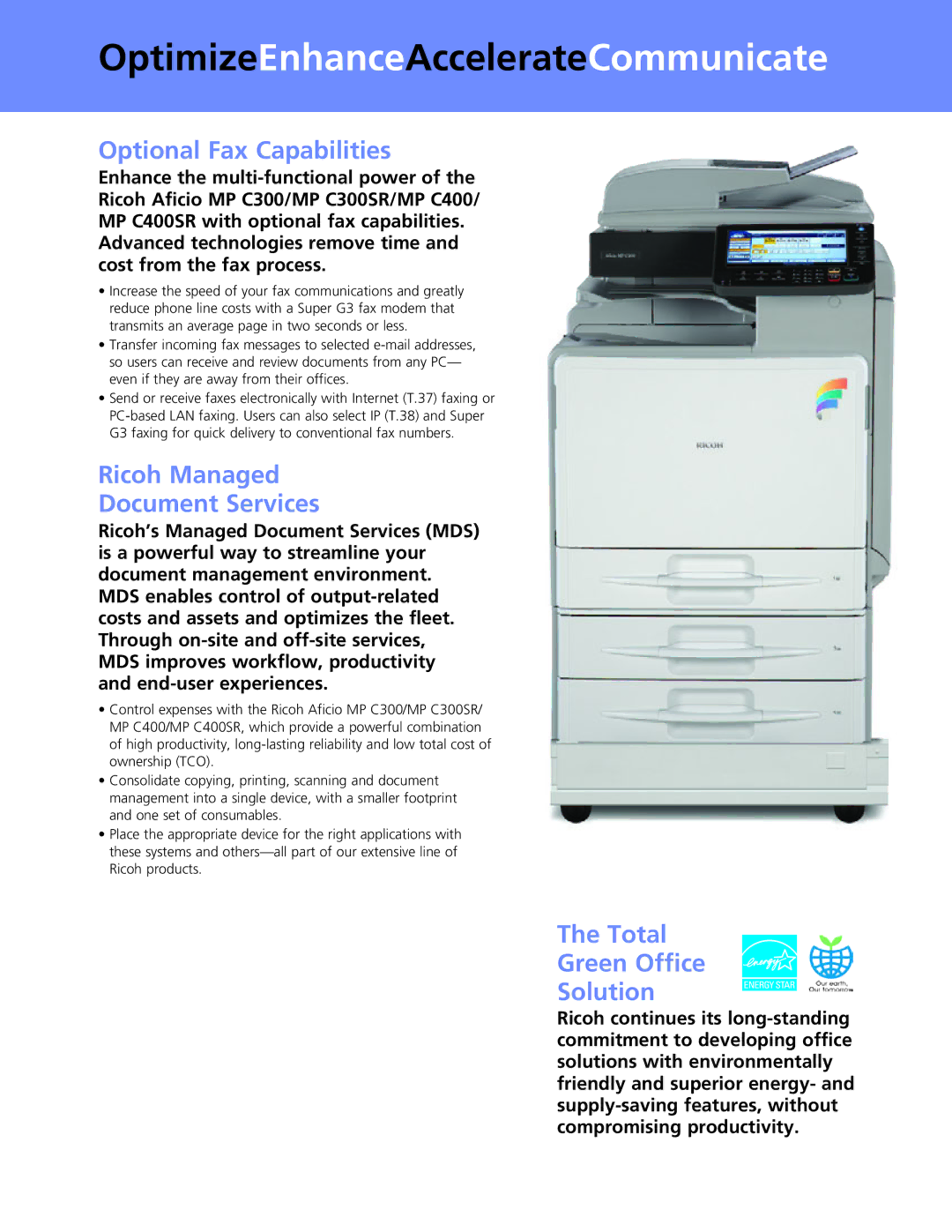 Ricoh MP C400SR, MP C300SR manual Optional Fax Capabilities, Ricoh Managed Document Services, Total Green Office Solution 