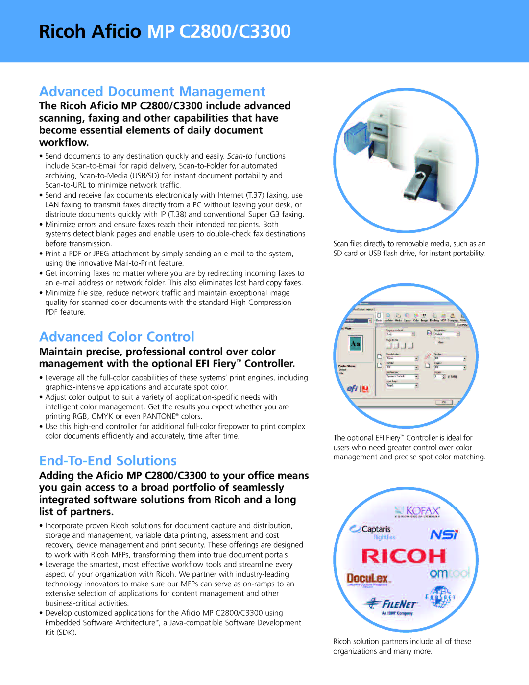 Ricoh MP C3300, MP C2800 manual Advanced Document Management, Advanced Color Control, End-To-End Solutions 