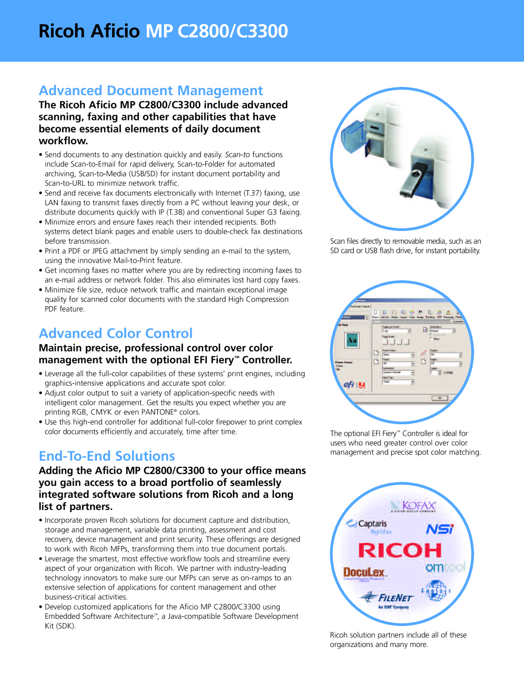 Ricoh MP C3300 Advanced Document Management, Advanced Color Control, End-To-End Solutions, Ricoh Aficio MP C2800/C3300 