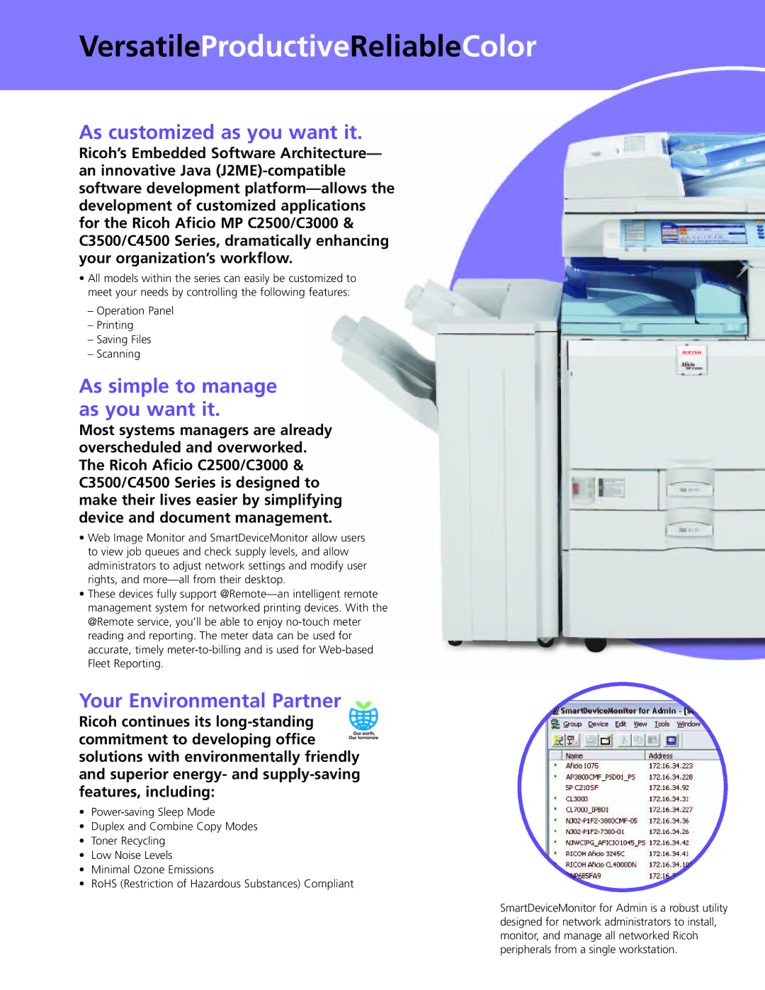 Ricoh MP C4500 Series manual As customized as you want it, As simple to manage as you want it, Your Environmental Partner 