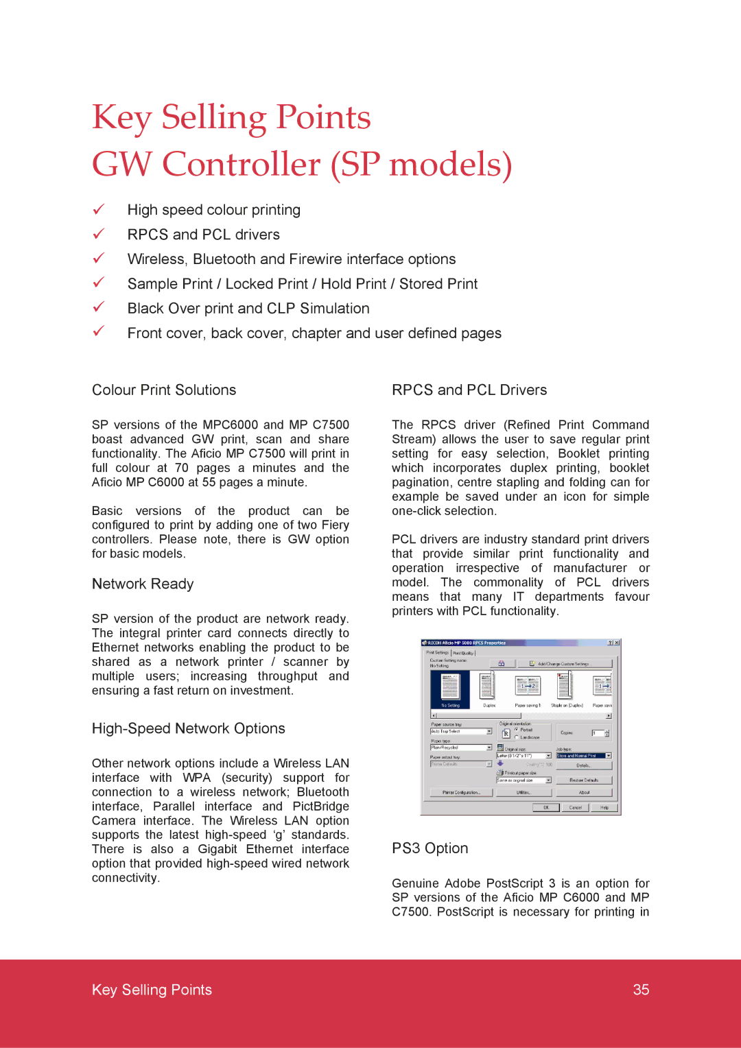 Ricoh MP C7500, MP C6000 Key Selling Points GW Controller SP models, Network Ready, High-Speed Network Options, PS3 Option 