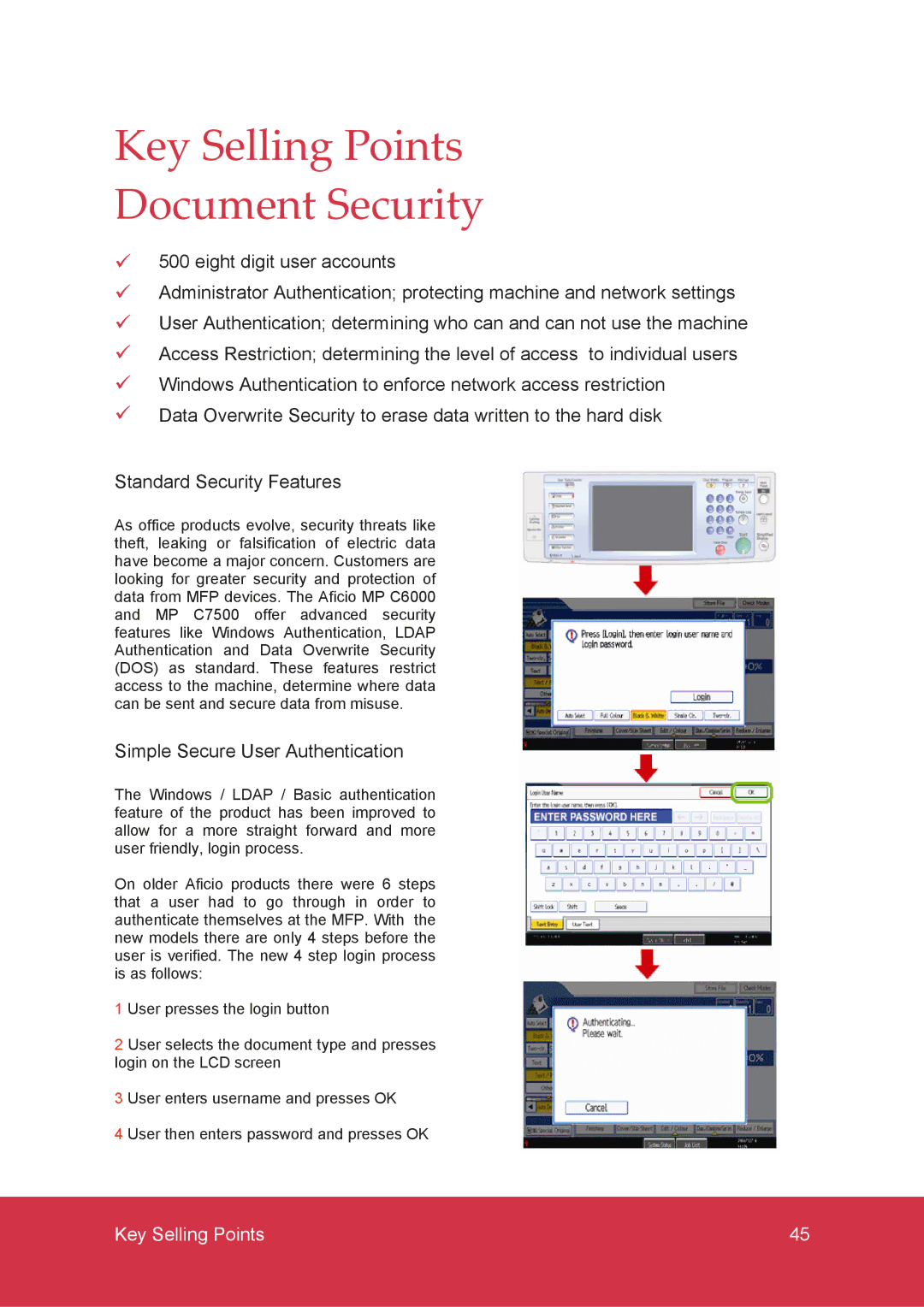 Ricoh MP C7500, MP C6000 manual Key Selling Points Document Security, Simple Secure User Authentication 