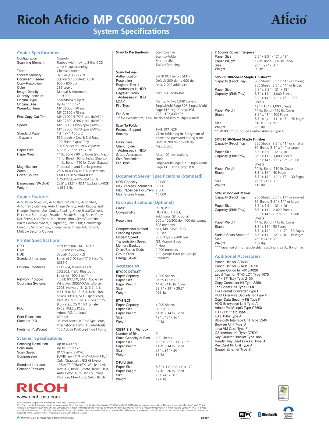 Ricoh manual Ricoh Aficio MP C6000/C7500, System Specifications 