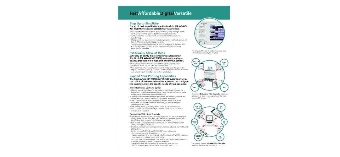 Ricoh MP W2400, MP W3600 specifications FastAffordableDigitalVersatile, Step Up to Simplicity, Put Quality Close at Hand 
