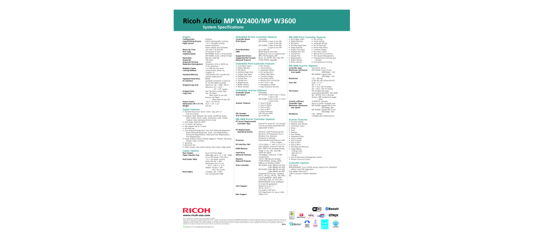 Ricoh specifications Ricoh Aficio MP W2400/MP W3600, System Specifications 