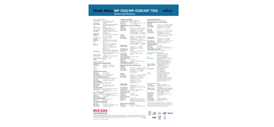 Ricoh MP7500, MP5500, MP6500 specifications Ricoh Aficio MP 5500/MP 6500/MP, System Specifications 