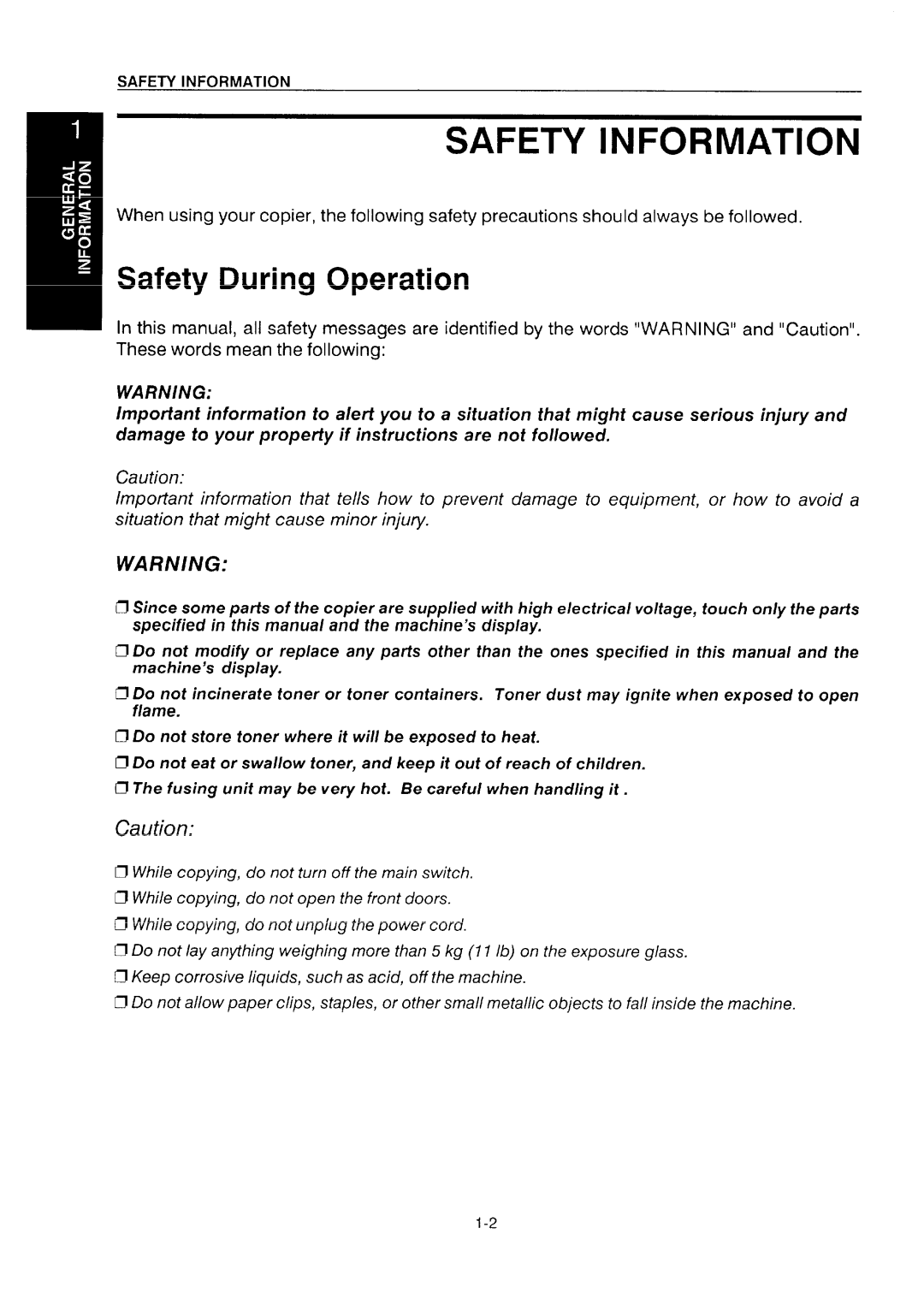 Ricoh NC5006 manual Safety Information, Safety During Operation, Are suppled, Electrical, Specified 