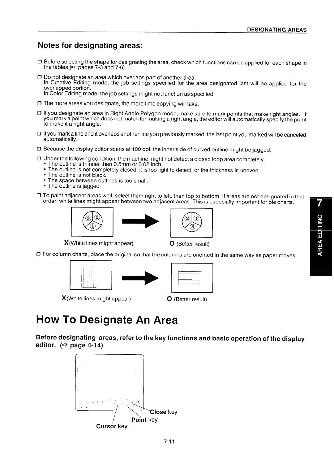 Ricoh NC5006 manual To Designate An Area, Editor. I= page 4-I, Close, Point key 