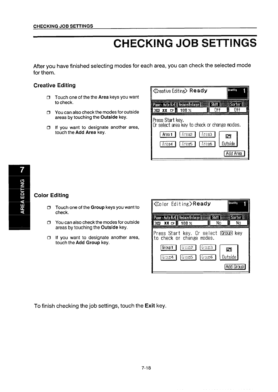 Ricoh NC5006 manual Checking JOB Settings, Color Editing, Press Start key, Or select area key to check or change modes 