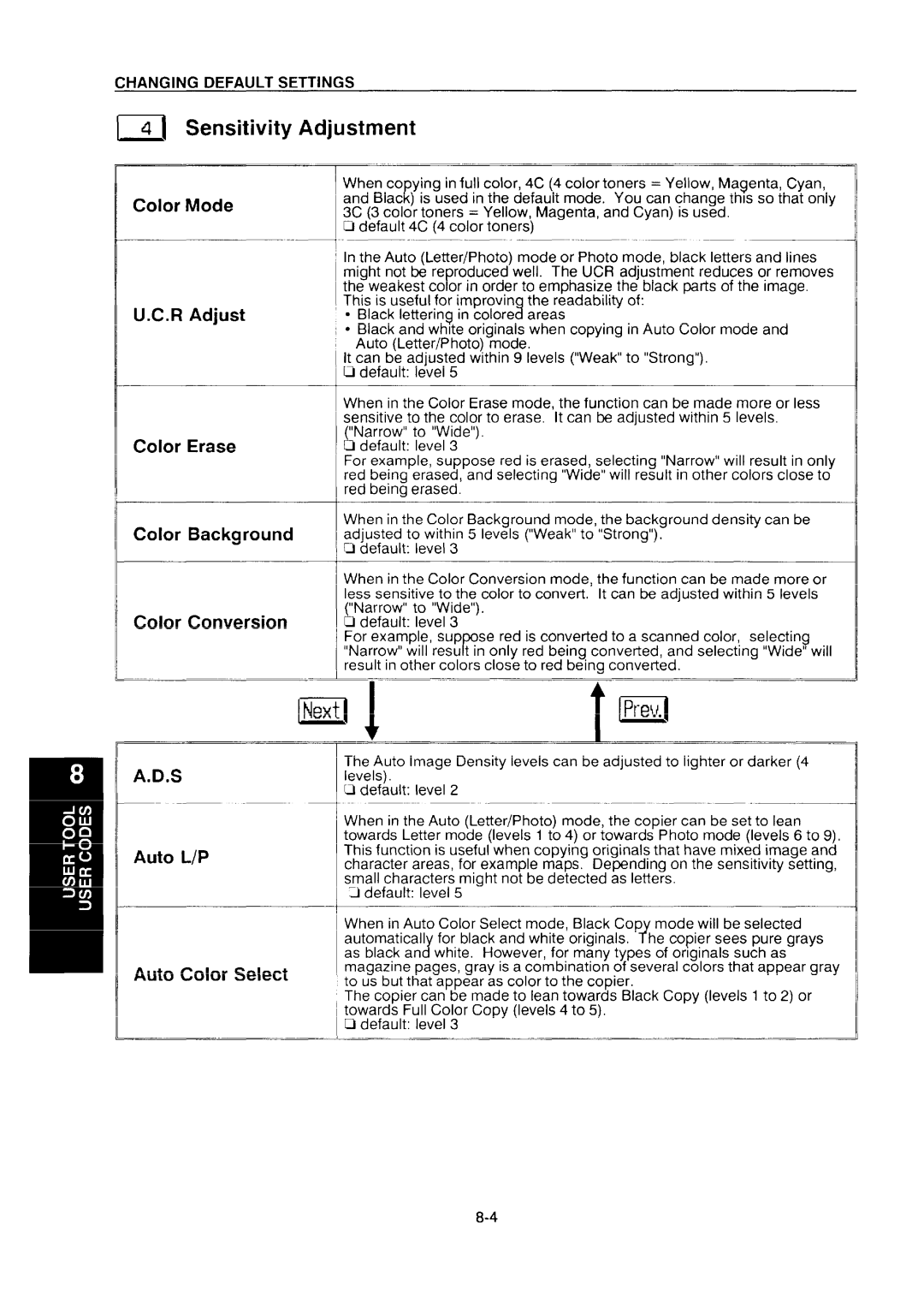 Ricoh NC5006 manual Sensitivity, Adjustment, Auto L/P Auto Color Select 