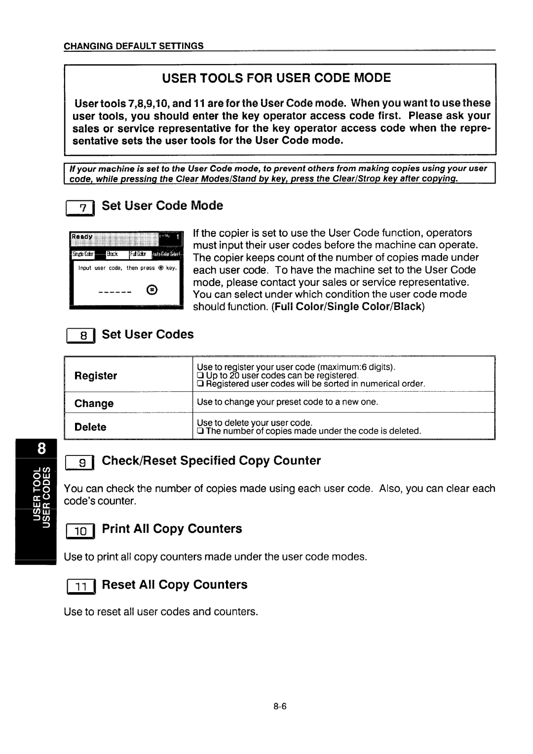 Ricoh NC5006 ~1 Set User Code Mode, ~~ Set User Codes, ~~ Check/Reset Specified Copy Counter, ’ Print All Copy Counters 