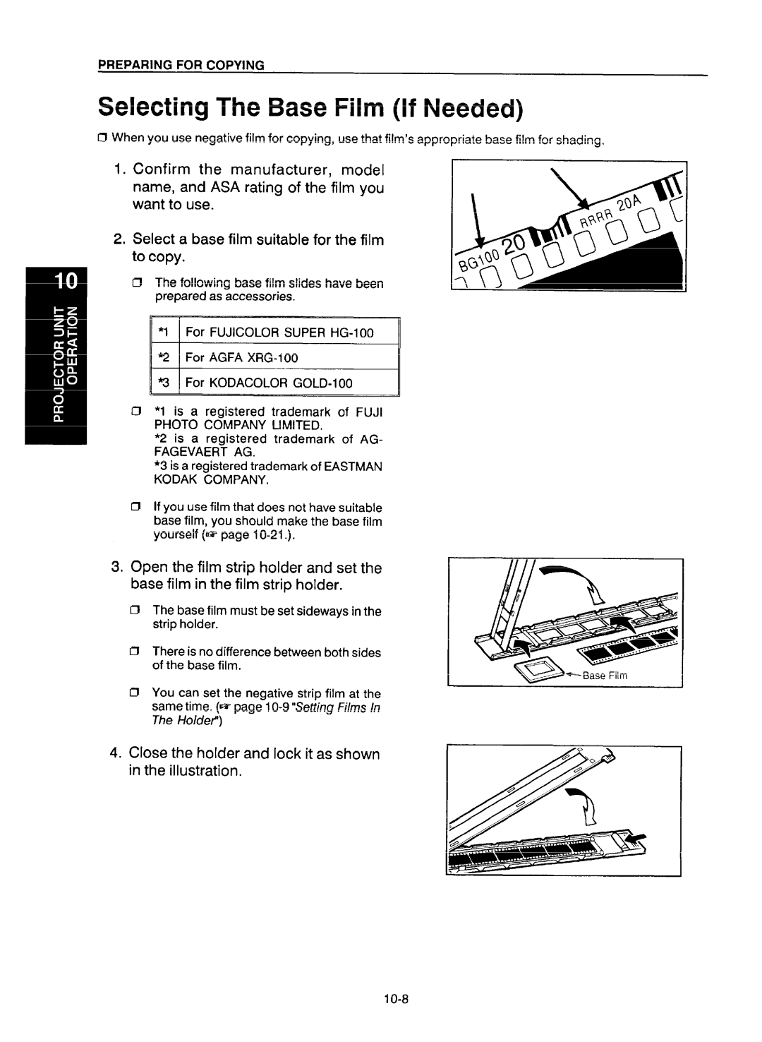 Ricoh NC5006 manual Selecting The Base Film If Needed, Close the holder and lock it as shown in the illustration 