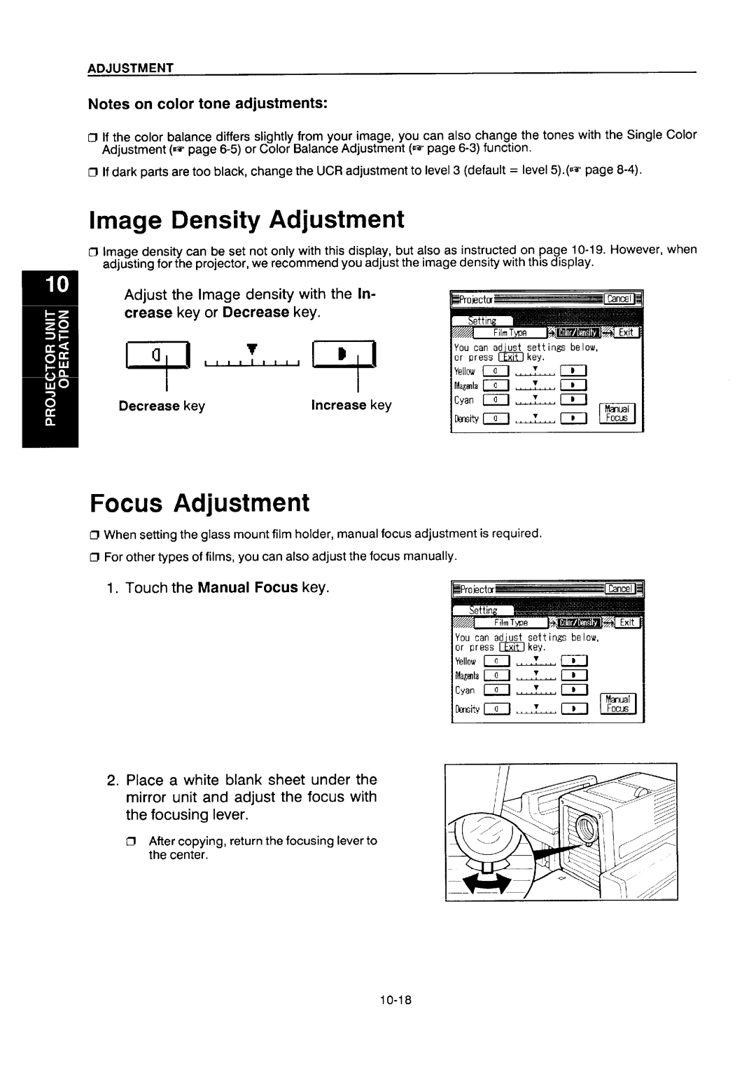 Ricoh NC5006 manual Image Density Adjustment, Crease key or Decrease key, Touch the Manual Focus key 