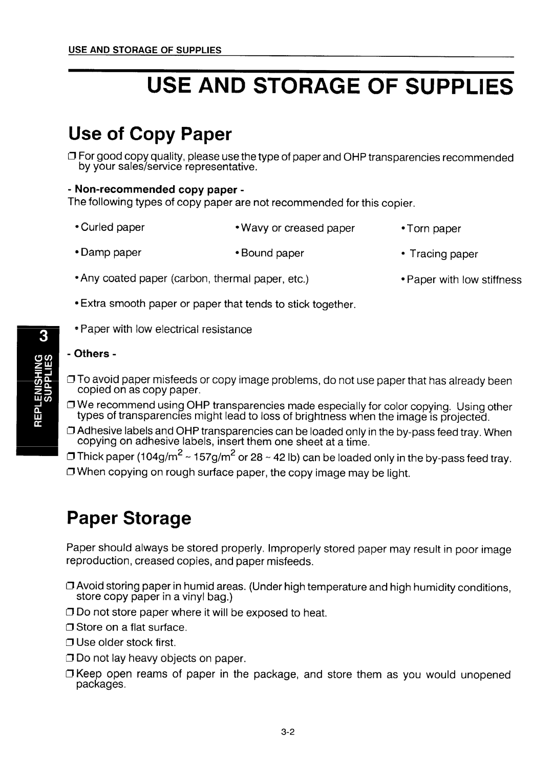 Ricoh NC5006 manual USE and Storage of Supplies, Use of Copy Paper, Paper Storage, Non-recommended copy paper, Others 