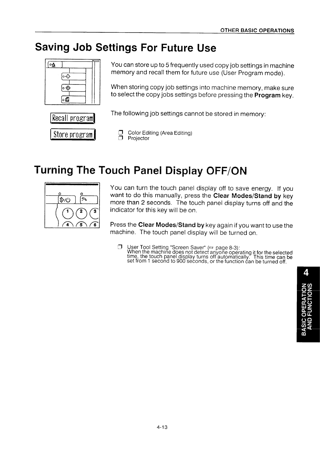 Ricoh NC5006 Saving Job Settings For Future Use, Turning The Touch Panel Display OFF/ON, You can store up to 5frequently 