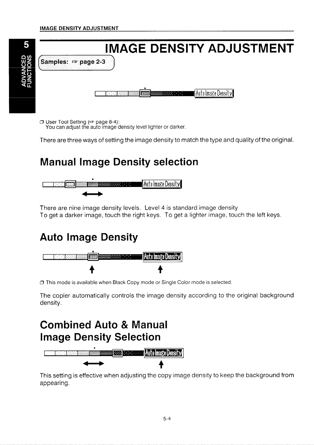 Ricoh NC5006 Image Density Adjustment, Combined Auto & Manual Image Density Selection, Manual Image Density selection 