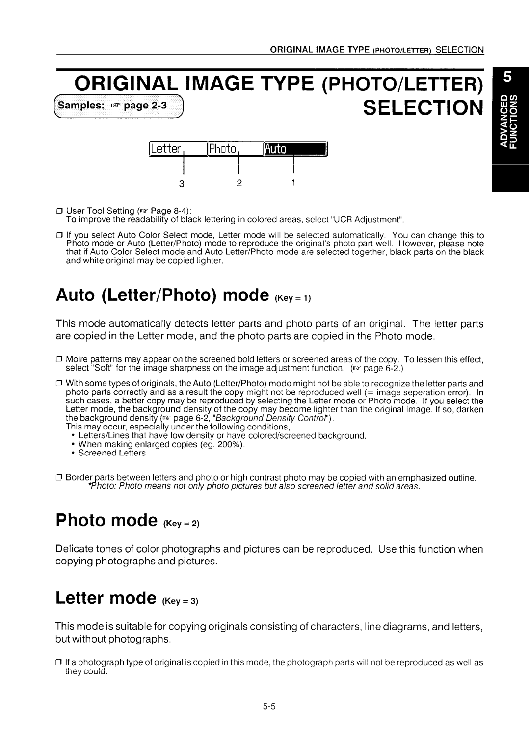 Ricoh NC5006 manual Original Image Type PHOTO/LETTER, Selection, Auto Letter/Photo mode Key=, Letter mode Key.s, Sampk?s @ 