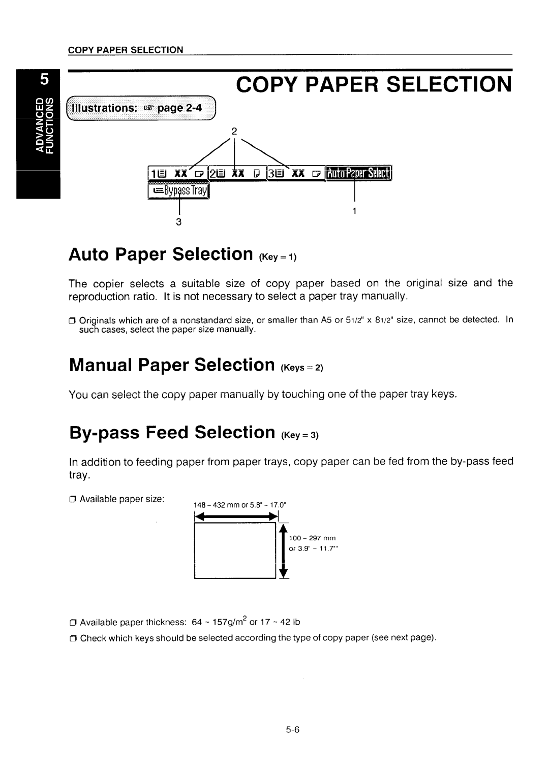 Ricoh NC5006 Copy Paper Selection, Auto Paper Selection Kw=l, Manual Paper Selection Keys =2, By-pass Feed Selection Key= 