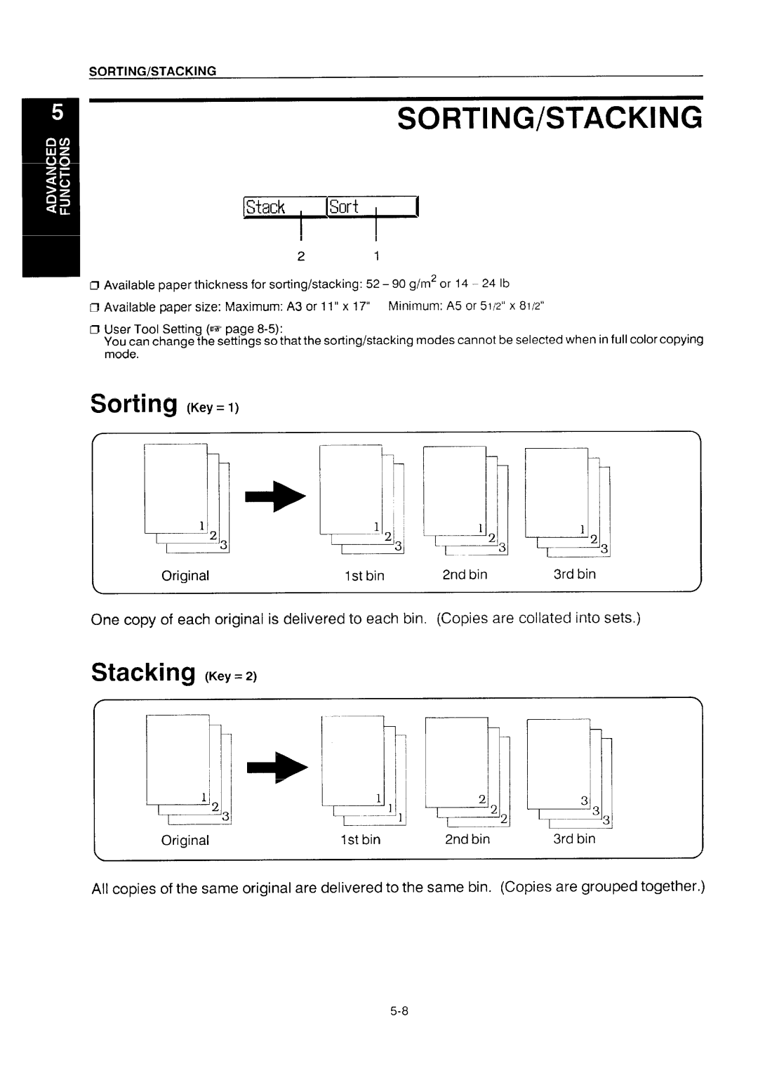 Ricoh NC5006 manual Sorting/Stacking, Stacking K,Y.2, 1st bin, Original 3Ist bin 2nd bin 3rd bin 