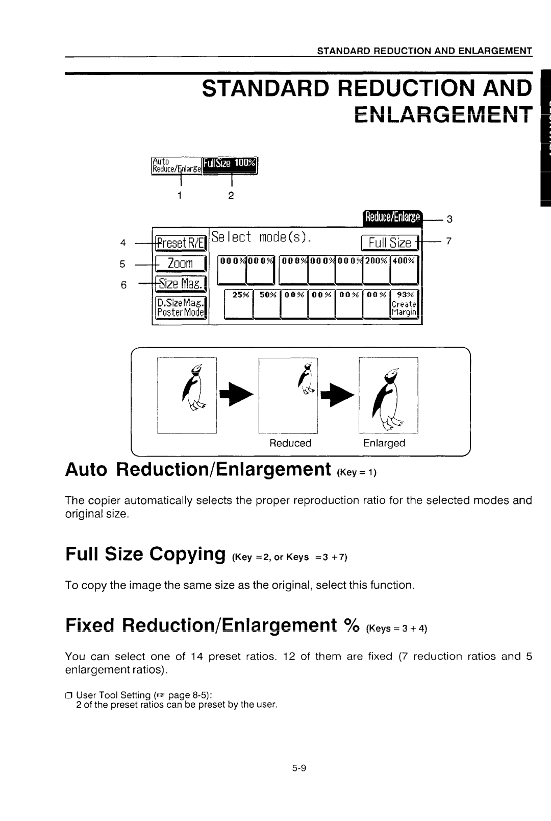 Ricoh NC5006 manual Standard Reduction Enlargement, Auto Reduction/Enlargement Kw1, Fixed Reduction/Enlargement ~0 KeYs.3+4 