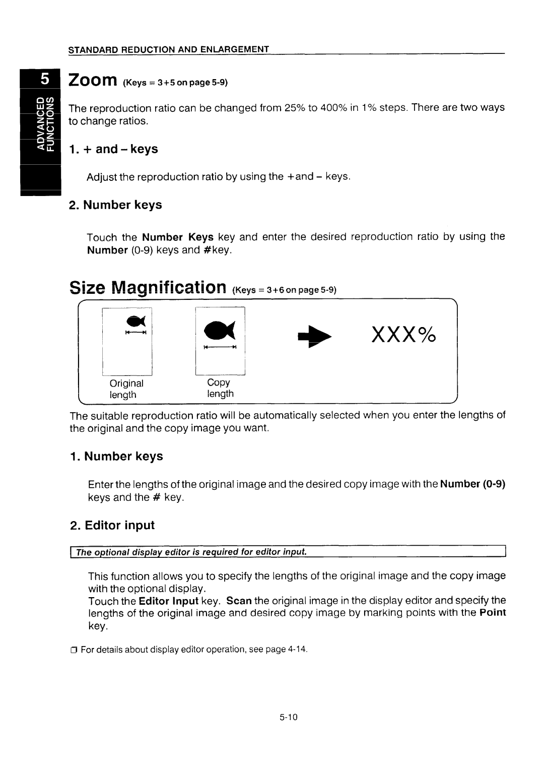 Ricoh NC5006 manual + and keys, Number keys, Editor input, Adjust the reproduction ratio by using the +and keys 