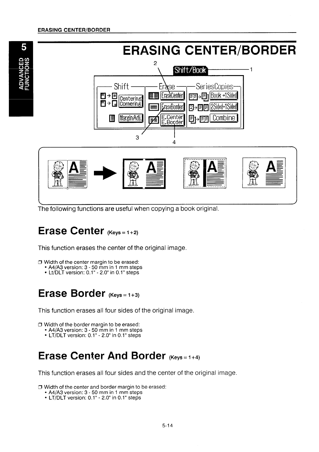 Ricoh NC5006 manual Erasin G CENTER/BORDER, Erase Center Keys +2, Erase Border Keys= 1+3, Erase Center And Border KeYs.1+4 