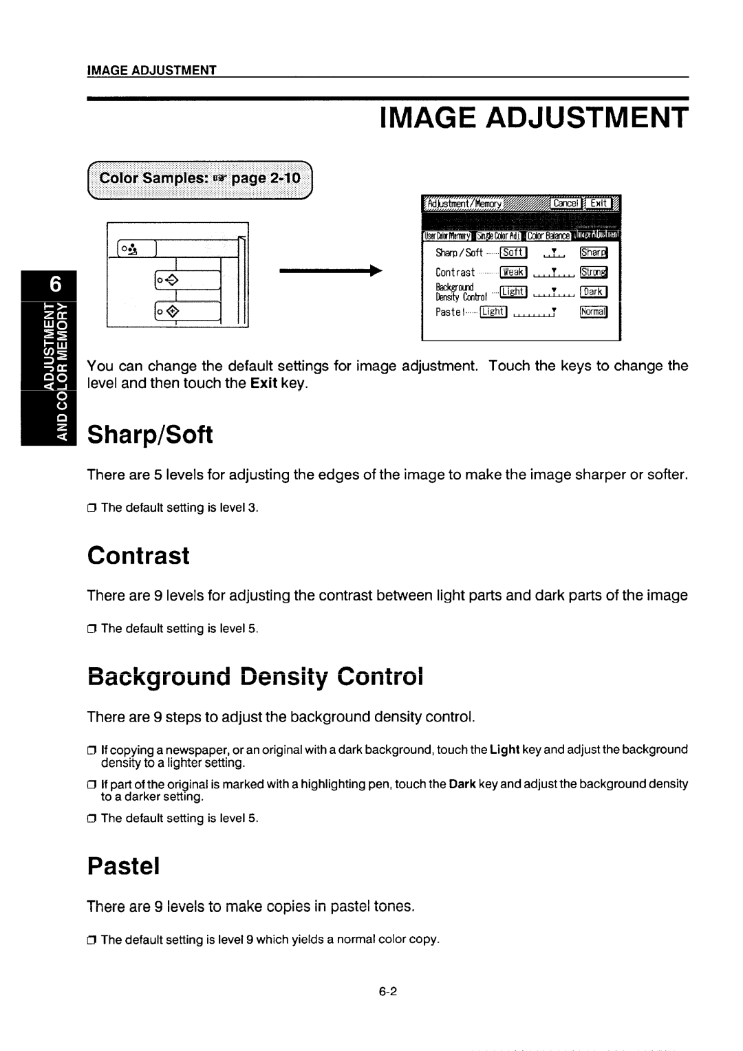 Ricoh NC5006 manual Image Adjustment, Sharp/Soft, Contrast, Background Density Control, Pastel 