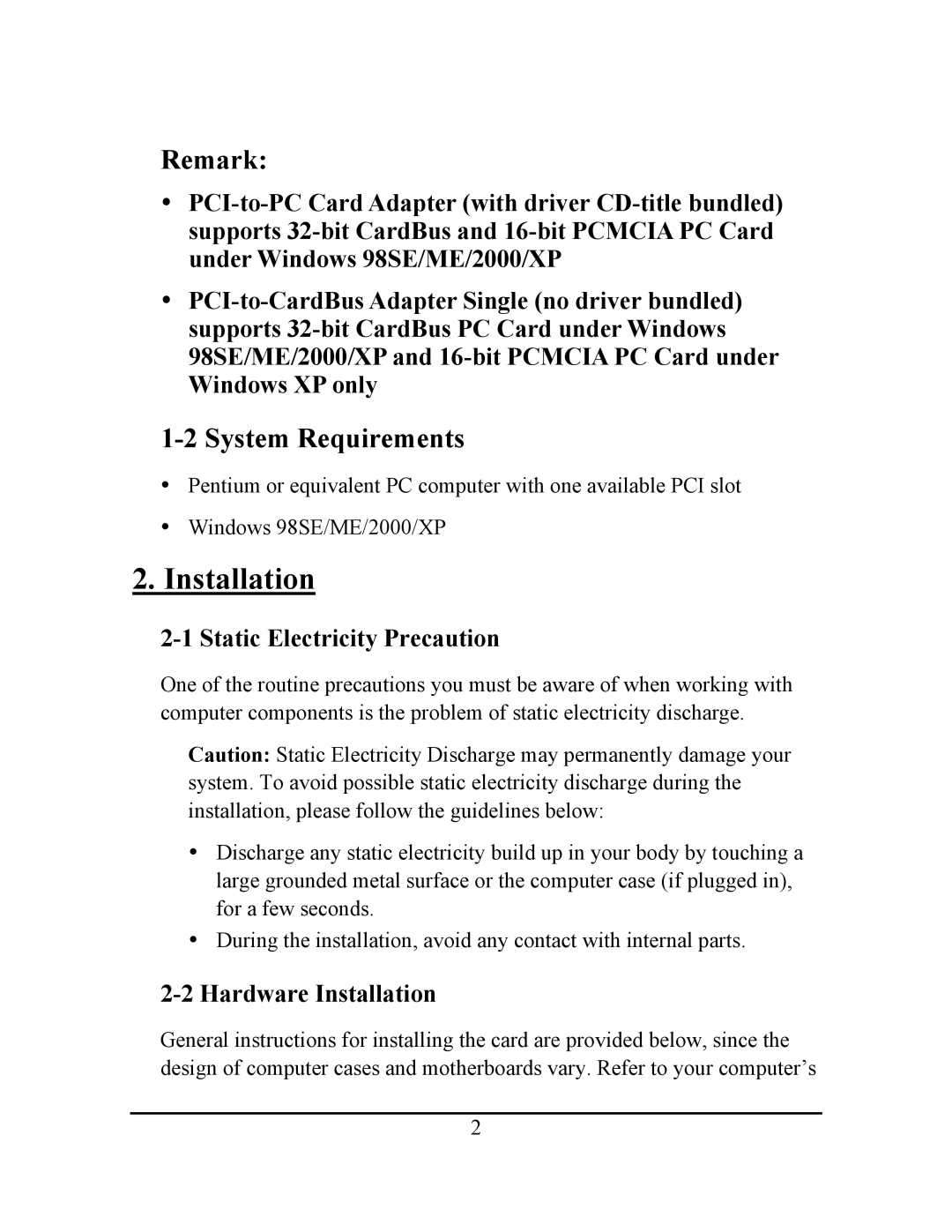 Ricoh PCI-to-PC Card Adapter manual Installation, Remark, System Requirements, Static Electricity Precaution 