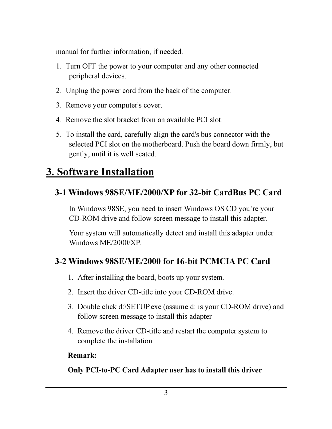 Ricoh PCI-to-PC Card Adapter manual Software Installation, Windows 98SE/ME/2000/XP for 32-bit CardBus PC Card 