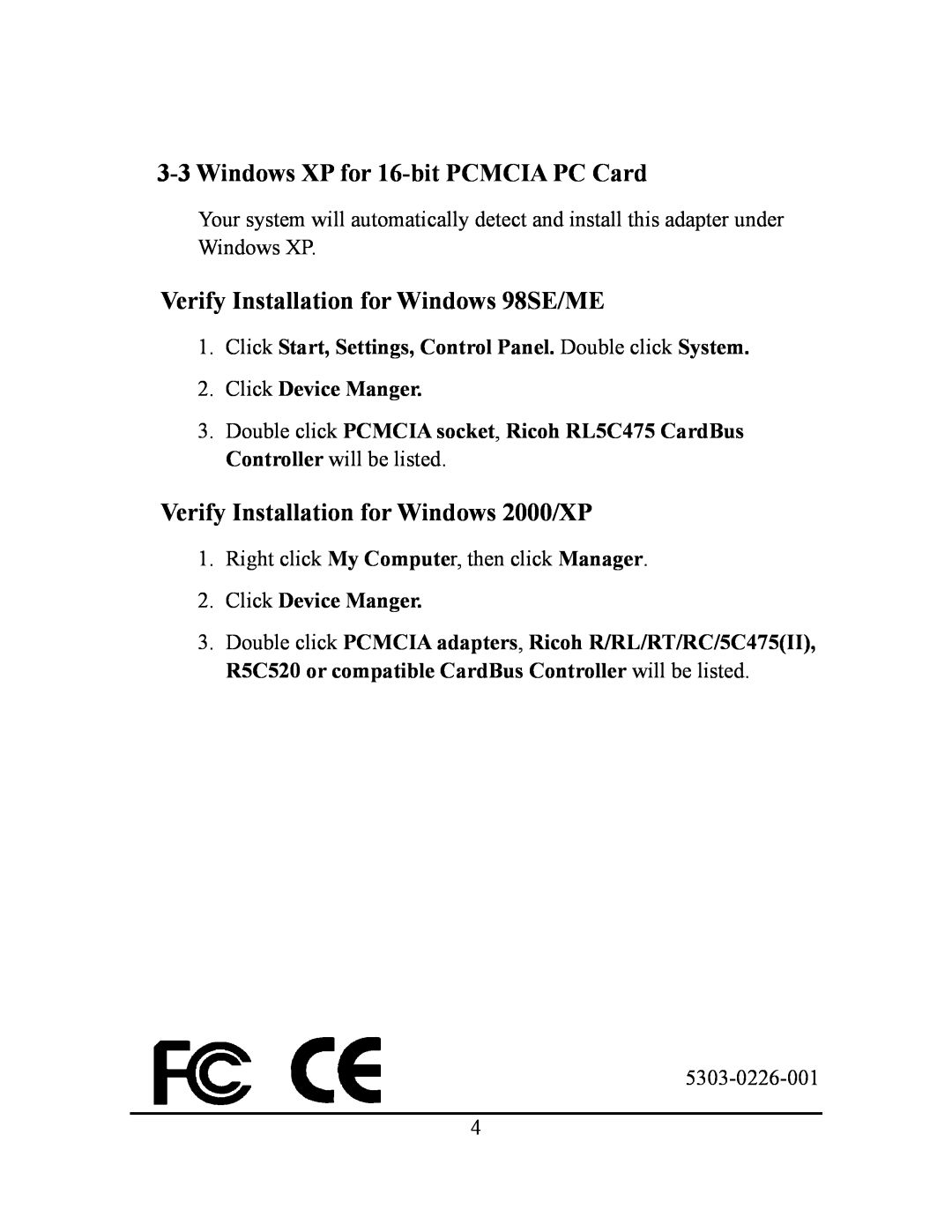 Ricoh PCI-to-PC Card Adapter manual Windows XP for 16-bit PCMCIA PC Card, Verify Installation for Windows 98SE/ME 