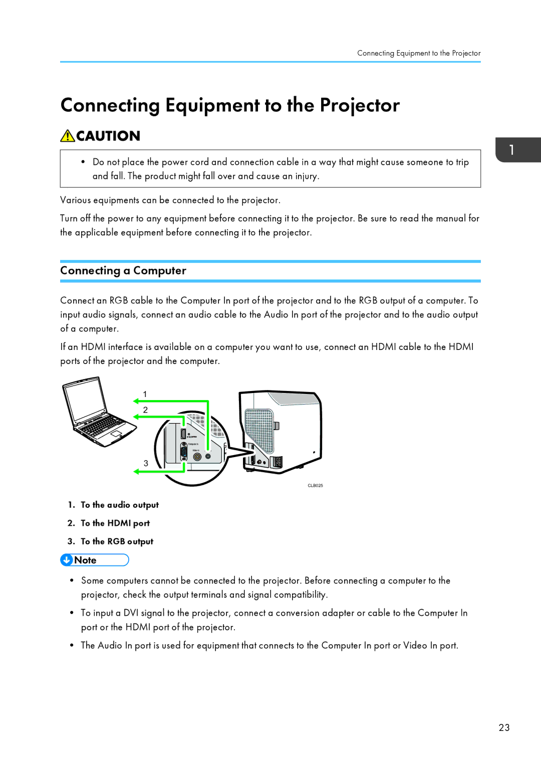 Ricoh PJ WX4130 operating instructions Connecting Equipment to the Projector, Connecting a Computer 