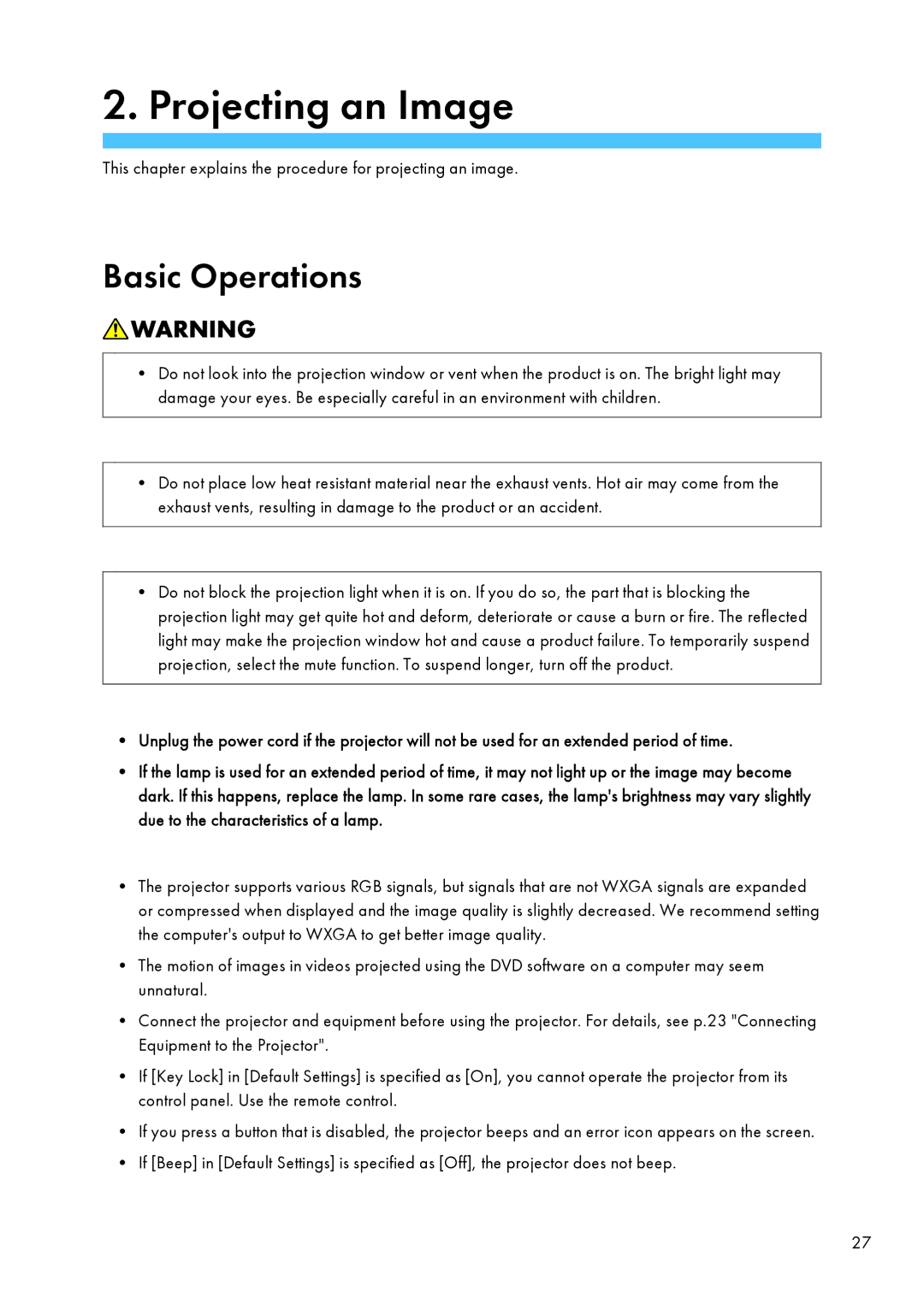 Ricoh PJ WX4130 operating instructions Projecting an Image, Basic Operations 