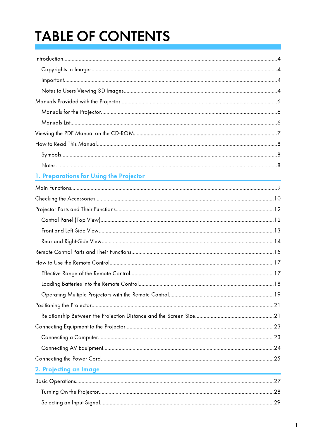 Ricoh PJ WX4130 operating instructions Table of Contents 