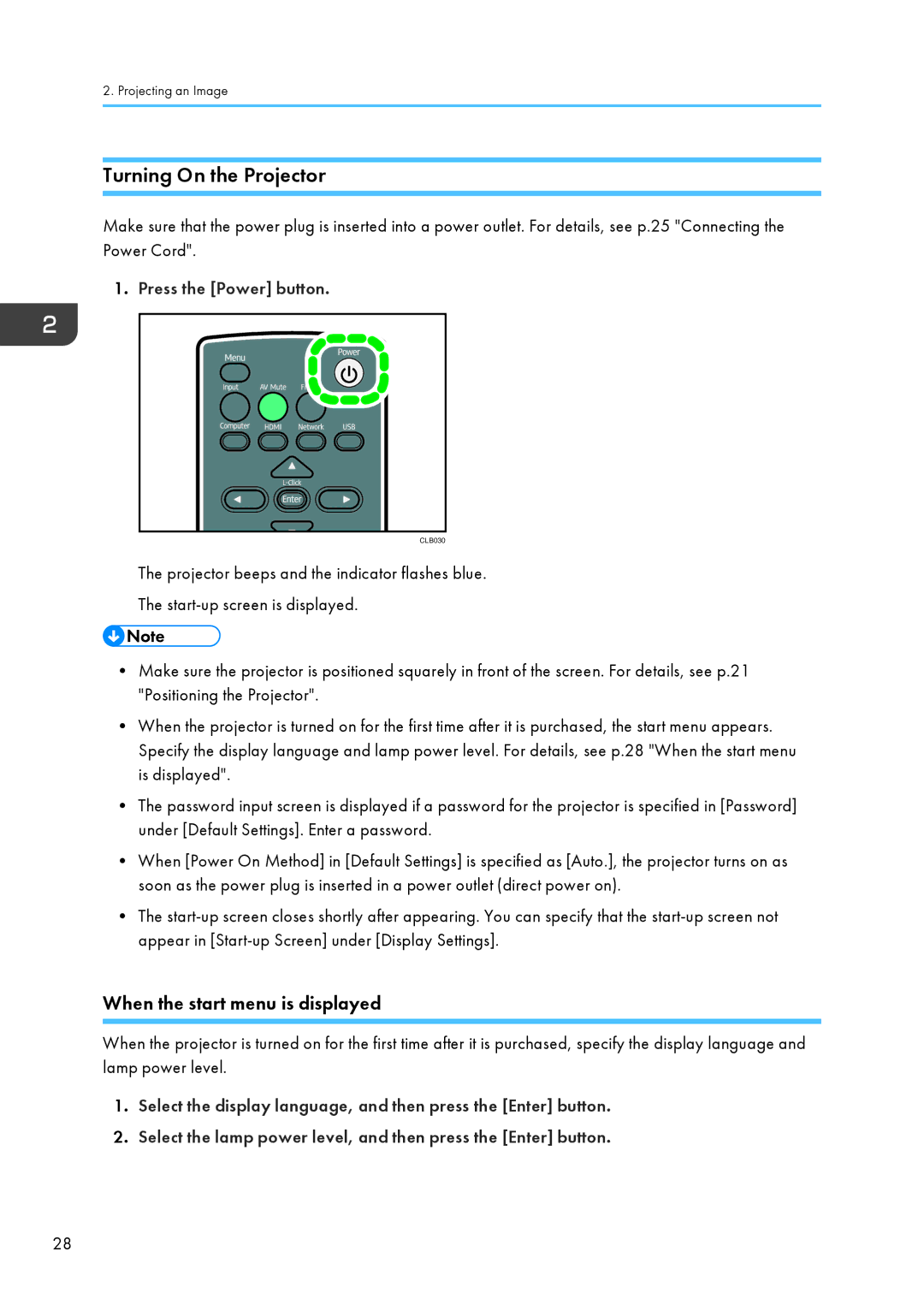 Ricoh PJ WX4130 operating instructions Turning On the Projector, Press the Power button 