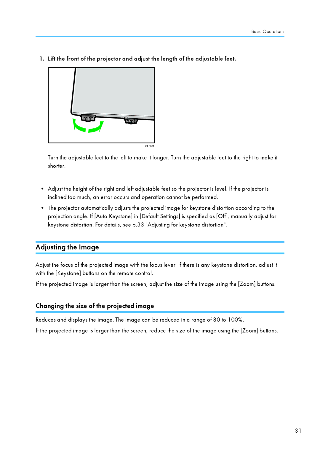 Ricoh PJ WX4130 operating instructions Adjusting the Image, Changing the size of the projected image 