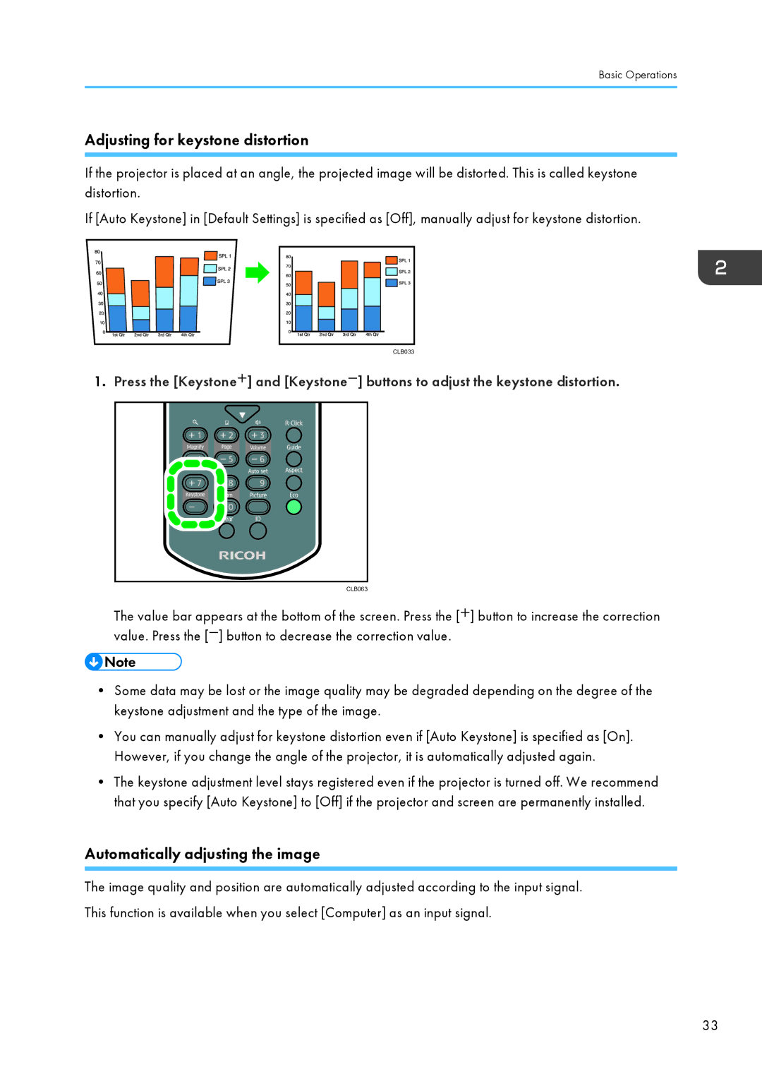 Ricoh PJ WX4130 operating instructions Adjusting for keystone distortion 